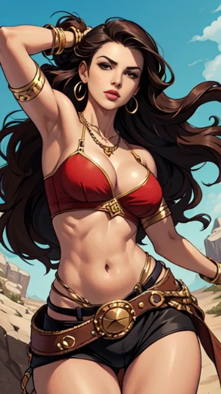 1woman 30year old, solo, long hair, looking at viewer, navel, cleavage, bare shoulders, brown eyes, jewelry, medium breasts, earrings, midriff, belt, necklace, bracelet, lips, armlet, ((dynamic pose)), ((dynamic angle)),