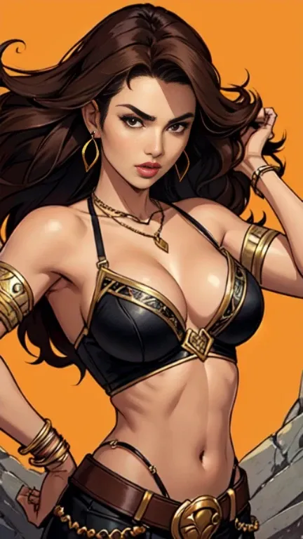 1woman 30year old, solo, long hair, looking at viewer, navel, cleavage, bare shoulders, brown eyes, jewelry, medium breasts, earrings, midriff, belt, necklace, bracelet, lips, armlet, ((dynamic pose)), ((dynamic angle)),