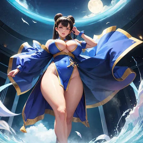 Chunli, street fighter character, classic custom, sexy, huge tits, thick body, strong thick legs, full body, perfect body, standing, 