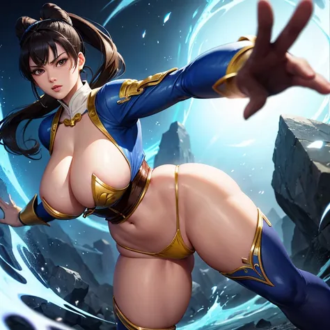 Chunli, street fighter character, classic custom, sexy, huge tits, thick body, strong thick legs, full body, perfect body, standing, 