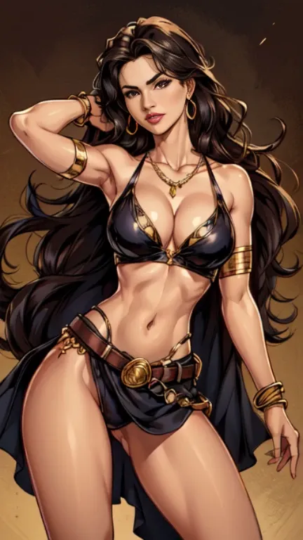 1woman 30year old, solo, long hair, looking at viewer, navel, cleavage, bare shoulders, brown eyes, jewelry, medium breasts, earrings, midriff, belt, necklace, bracelet, lips, armlet, ((dynamic pose)), ((dynamic angle)),