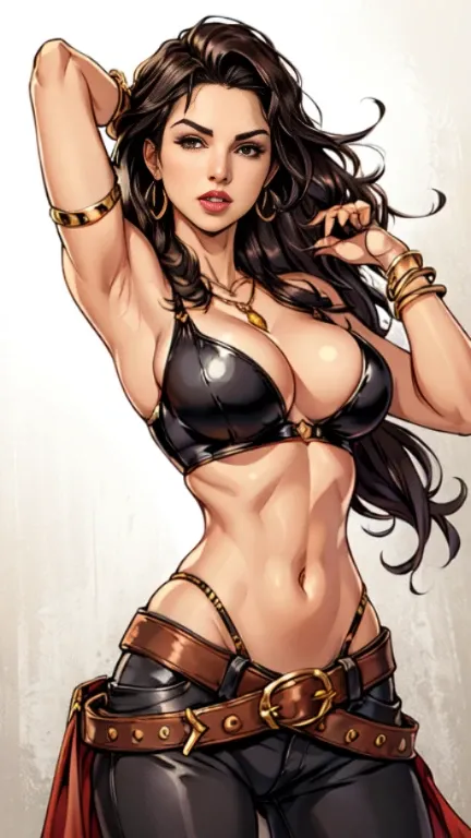 1woman 30year old, solo, long hair, looking at viewer, navel, cleavage, bare shoulders, brown eyes, jewelry, medium breasts, earrings, midriff, belt, necklace, bracelet, lips, armlet, ((dynamic pose)), ((dynamic angle)),