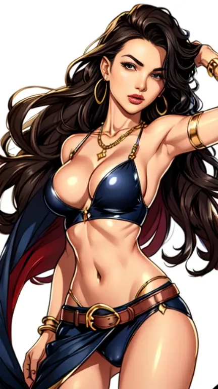 1woman 30year old, solo, long hair, looking at viewer, navel, cleavage, bare shoulders, brown eyes, jewelry, medium breasts, earrings, midriff, belt, necklace, bracelet, lips, armlet, ((dynamic pose)), ((dynamic angle)),