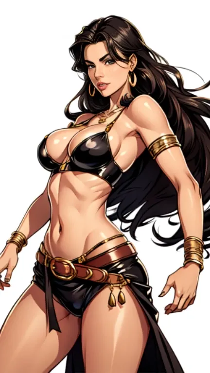 1woman 30year old, solo, long hair, looking at viewer, navel, cleavage, bare shoulders, brown eyes, jewelry, medium breasts, earrings, midriff, belt, necklace, bracelet, lips, armlet, ((dynamic pose)), ((dynamic angle)),