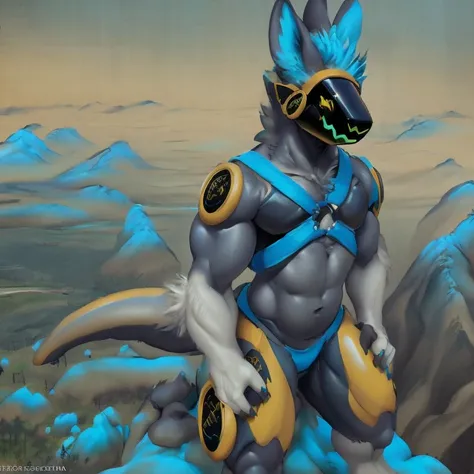 Protogen sexy y muy musculosa fornido flexionando muscles, Standing on top of a mountain, using climbing harness. 4k, high resolution, Mejor calidad, colores perfectos, sombras perfectas, perfect lighting, publicado en e621, cuerpo peludo, cuerpo antro, an...