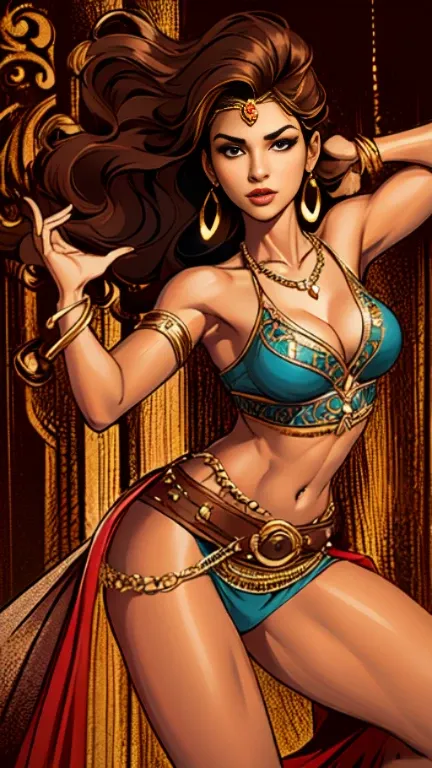 1woman 30year old, solo, long hair, looking at viewer, navel, cleavage, bare shoulders, brown eyes, jewelry, medium breasts, earrings, midriff, belt, necklace, bracelet, lips, armlet, ((dynamic pose)), ((dynamic angle)),