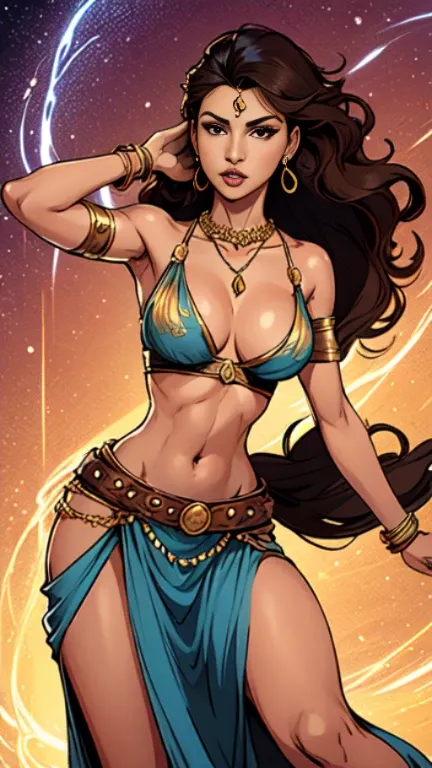 1woman 30year old, solo, long hair, looking at viewer, navel, cleavage, bare shoulders, brown eyes, jewelry, medium breasts, earrings, midriff, belt, necklace, bracelet, lips, armlet, ((dynamic pose)), ((dynamic angle)),