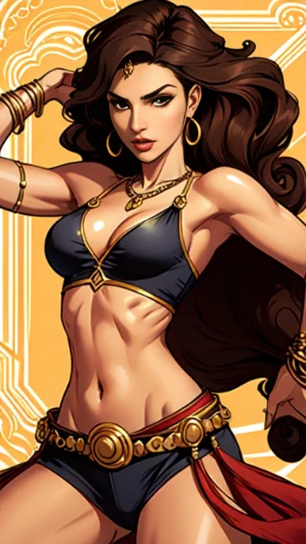 1woman 30year old, solo, long hair, looking at viewer, navel, cleavage, bare shoulders, brown eyes, jewelry, medium breasts, earrings, midriff, belt, necklace, bracelet, lips, armlet, ((dynamic pose)), ((dynamic angle)),