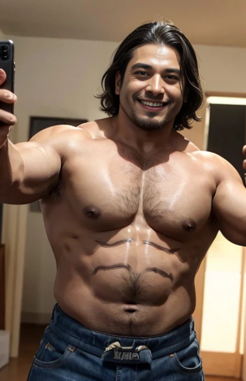 RAW photo in sequence, uma imagem de um homem com corpo muito gordo, ((selfie da parte superior e inferior do corpo, sorridente)), luzes naturais, HDR, foto realista, foto profissional, clearly visible face details, planos de fundo detalhados pouco desfoca...