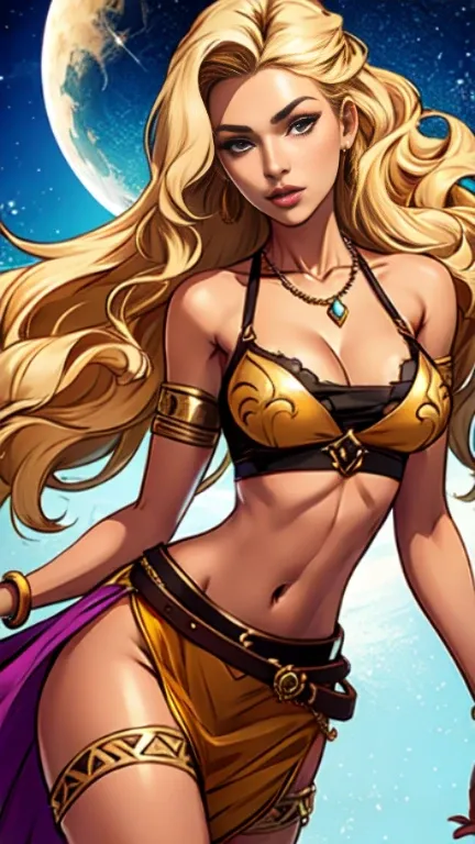 1woman 30year old, solo, long blonde hair, looking at viewer, navel, cleavage, bare shoulders, detailed eyes, jewelry, medium breasts, earrings, midriff, belt, necklace, bracelet, lips, armlet, ((dynamic pose)), ((dynamic angle)),