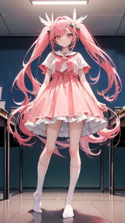 Coral pink hair，long hair，hair over one eye，gray eyes，feather hair ornament，cute，girl，dress，no shoes，White knee socks，whole body，stand on the ground，Dont show your arms，The background is a classroom