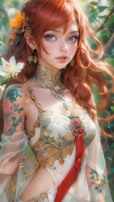 8 k, Best quality, (Photorealistic:1.4), Raw-Photo, 1 girl, Red hair, Yellow eyes, -Open legs, pubic hair view, 1 sexy girl in transparent forest clothes, Flowers, leaves, Mandala, fractal, Full female body, Mandala and flower tattoos, seductive pose, well...