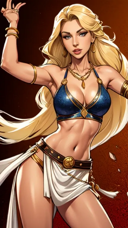 1woman 30year old, solo, long blonde hair, looking at viewer, navel, cleavage, bare shoulders, jewelry, medium breasts, earrings, midriff, belt, necklace, bracelet, lips, armlet, ((dynamic pose)), ((dynamic angle)),