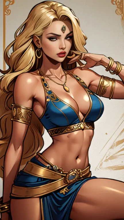 1woman 30year old, solo, long blonde hair, looking at viewer, navel, cleavage, bare shoulders, jewelry, medium breasts, earrings, midriff, belt, necklace, bracelet, lips, armlet, ((dynamic pose)), ((dynamic angle)),