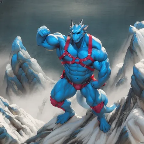 very muscular beefy dragon flexing muscles, standing on top of a mountain, using climbing harness. 4k, high resolution, mejor ca...