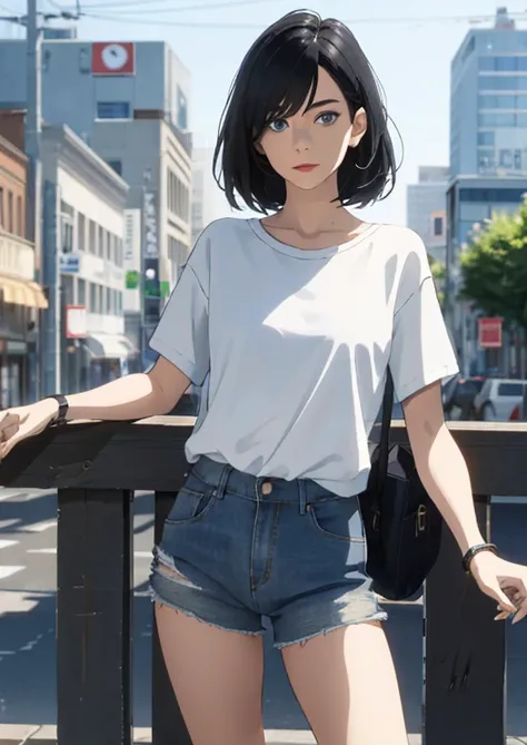 1girl, short black hair, blue eyes, wearing plain white shirt, denim shorts, city, absurdres, high res, ultrasharp, 8K, masterpiece, looking at viewer