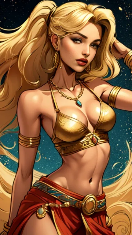 1woman 30year old, solo, long blonde hair, looking at viewer, navel, cleavage, bare shoulders, jewelry, medium breasts, earrings, midriff, belt, necklace, bracelet, lips, armlet, ((dynamic pose)), ((dynamic angle)),