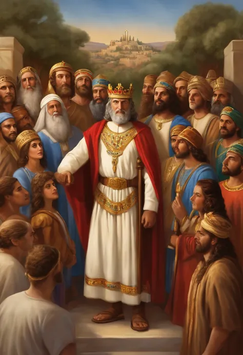 Create an illustration depicting King David standing before the people of Israel. Show King David, dressed in royal attire, standing on a raised platform or hill, with a crown on his head and a scepter in his hand. He should exude a sense of authority, wis...