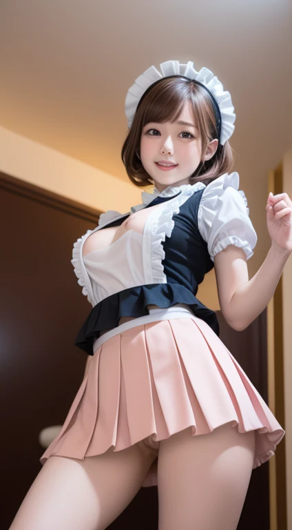 (1 young girl), brown hair, wonderful face and eyes, pink eyes, enchanting smile, (Frilled maid cafe outfit, pleated mini skirt:1.5), (Wide open maid cafe costume:1.2), bare chest, (amazingly beautiful girl), brown hair, stylish hair ornament, (highest qua...