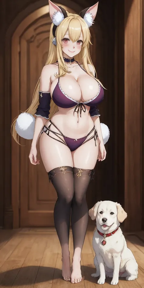 Roxanne Demin kin 1girl, solo, breasts, large breasts, Body position: Standing, straight, symmetrical, barefoot, Lustful smile on face with red blush, fluffy ears, dog ears, blonde hair