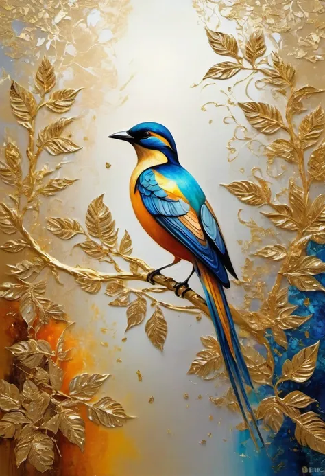 masterpiece, concept art, (Beautiful and beautiful:1.2), (gold leaf art:1.5), Bird of paradise standing on a branch，Surrounded by gold leaf, gold leaf, Gold and silver accessories, abstract background, Zentangle, fractal art, studio lighting, epic work, ep...