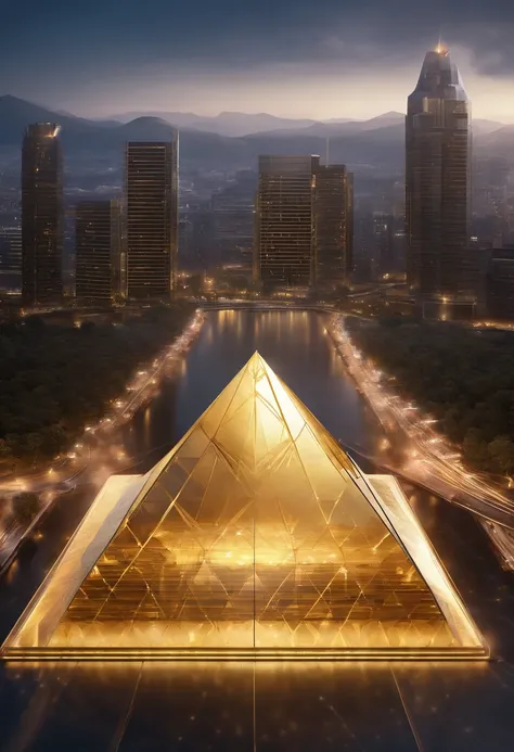 A futuristic background of a golden glass pyramid with laser beams leads to a hyper-realistic science city with huge skyscrapers.. The background hyper-resolution is 4k and has an aspect ratio of 16:9.Golden pyramid, obra maestra, anatomically correct, Sup...