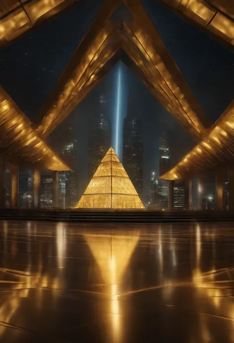 A futuristic background of a golden glass pyramid with laser beams leads to a hyper-realistic science city with huge skyscrapers.. The background hyper-resolution is 4k and has an aspect ratio of 16:9.Golden pyramid, obra maestra, anatomically correct, Sup...