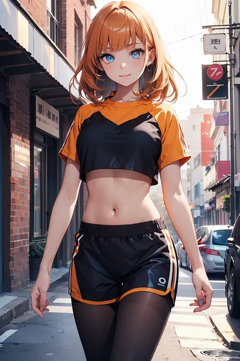 ((1 girl)), latest trend clothes, bright smile, Street fashion,sportswear, shorts,black tights,((Jogging)) ,((Super detailed,highest quality, High resolution, 8k wallpaper, beautiful clothes,)),(Dull orange hair, shortcut,boyish,Bouncy hair, ((asymmetrical...