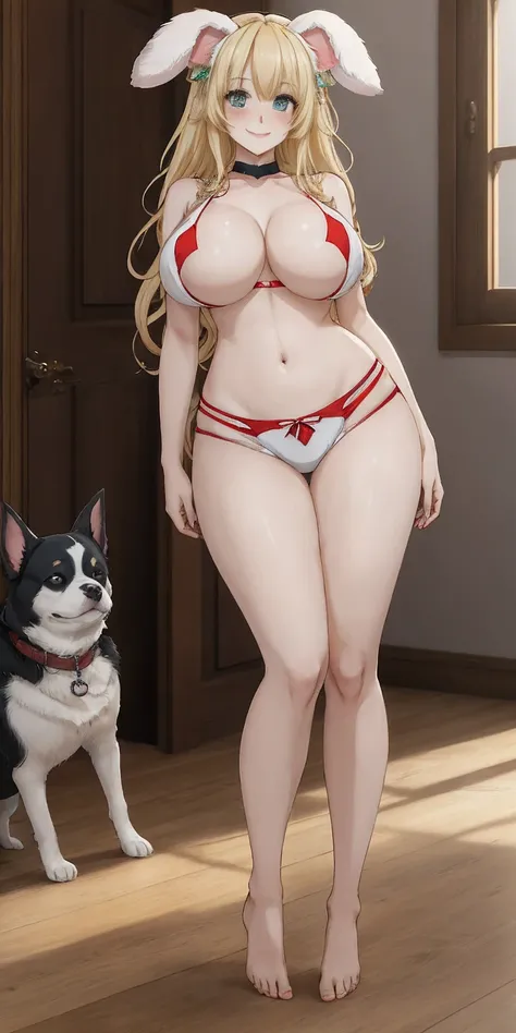 Roxanne Demin kin 1girl, solo, breasts, large breasts, Body position: Standing, straight, symmetrical, barefoot, Lustful smile on face with red blush, fluffy ears, dog ears, blonde hair