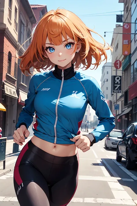 ((1 girl)), latest trend clothes, bright smile, Street fashion,sportswear, shorts,black tights,((running)) ,((Super detailed,highest quality, High resolution, 8k wallpaper, beautiful clothes,)),(Dull orange hair, shortcut,boyish,Bouncy hair, ((asymmetrical...