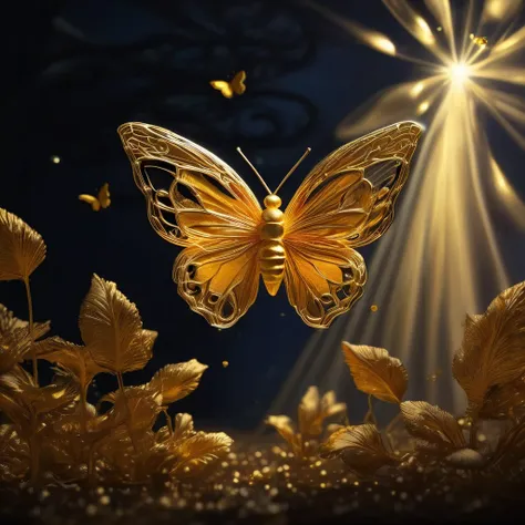 Masterpiece. The miniature is voluminous minimalistic from the finest gold reflective foil on a gold thread. Foil petals hang in the air on a thin thread forming a silhouette of an airy cat-butterfly against a backdrop of velvet darkness. One sharp beam of...