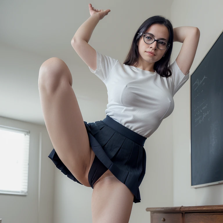 Beautiful picture, detailed, childish woman, Wear a navy blue skirt, Stand and raise your left leg., Wear black underwear, Put on socks, add white waste, Wear glasses, Get fucked, Open the breasts, Wear a black shirt