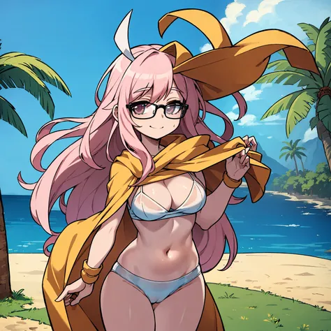 (masterpiece, best quality:1.2), cowboy shot, (solo), (1girl):1.5, glasses, long fluffy pink hair, hair blowing, gorgeous body, wide hips, slight smile, (elegant swimswit), navel exposed, mid breasts, breasts niples, cameltoe, under palms in a windy beach.