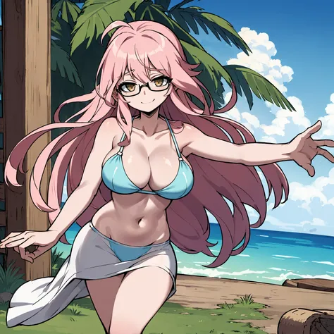 (masterpiece, best quality:1.2), cowboy shot, (solo), (1girl):1.5, glasses, long fluffy pink hair, hair blowing, gorgeous body, wide hips, slight smile, (elegant swimswit), navel exposed, mid breasts, breasts niples, cameltoe, under palms in a windy beach.