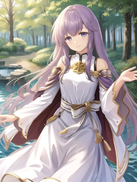 masterpiece, best quality, julia fe, 1girl, solo, long hair, looking at viewer, blush, smile, nature, pond, trees, park, long sleeves, dress, bare shoulders, medium breasts, very long hair, wide sleeves, cape, white dress, circlet