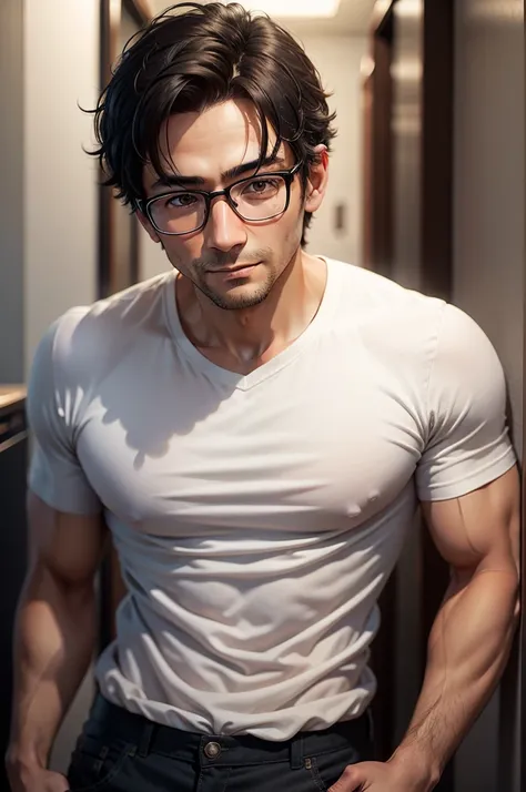 adult male, 35 years old, dark brown eyes, with glasses, thin, no muscles,White shirt, stare in front of the camera, smile、tyRealistic photos
