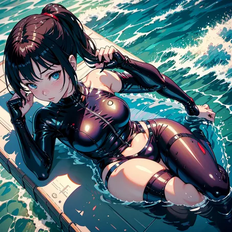 Put on a wetsuit and lie on the bed、Anime girl with laptop, seductive anime girl, detailed digital anime art, highly detailed art germ, Ilya Kuvshinov. 4k, beautiful attractive anime woman, Lois Van RossDraw, Alyona Aenami and Artgerm, Gwaites style artwor...