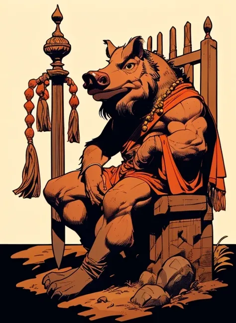 (head to toe: 2.0), (full body image: 2.0), solo, anthropomorphic boar, head of a boar, large, muscular, sitting on a throne, regal clothing, sword and cepter, facial piercings, , extremely stylized, deviant art, masterpiece, highly detailed, detailed eyes...