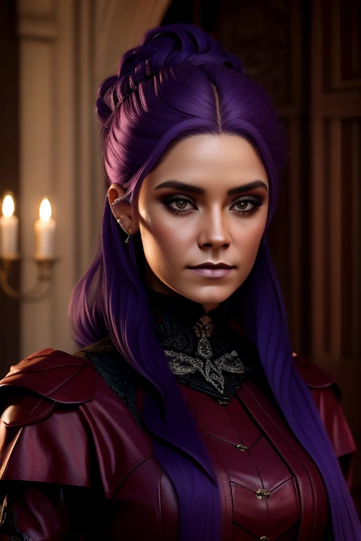 mujer, (KeniaL1), (edad media feudal:1.1), apariencia eslava, (pelo largo liso morado degradado pro rojo), (ojos rojos), (strong expression look), purple lipstick, Piel blanca, (Black gothic clothing with red details.:1.1), escamas amarillas en las manos, ...