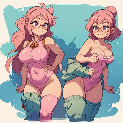 (masterpiece, best quality:1.2), cowboy shot, (solo), (1girl):1.5, glasses, long fluffy pink hair, chubby, slight smile, (elegant leotard), stomach, navel exposed, large breasts, breasts niples, cameltoe