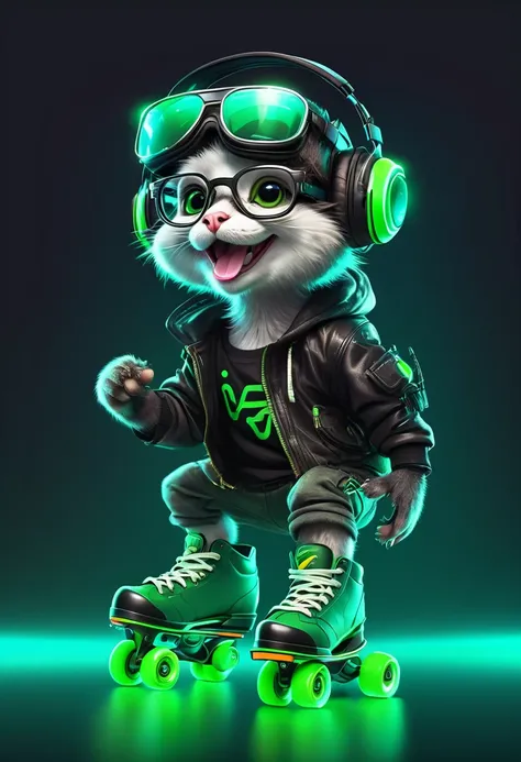 monkey wearing glasses, headset and helm (smile), playing green roller skate clasic, cyberpunk theme, neon