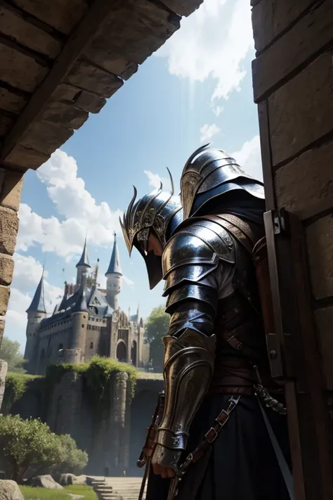 Warrior in silver armor emerging from a magical portal, with a castle behind him