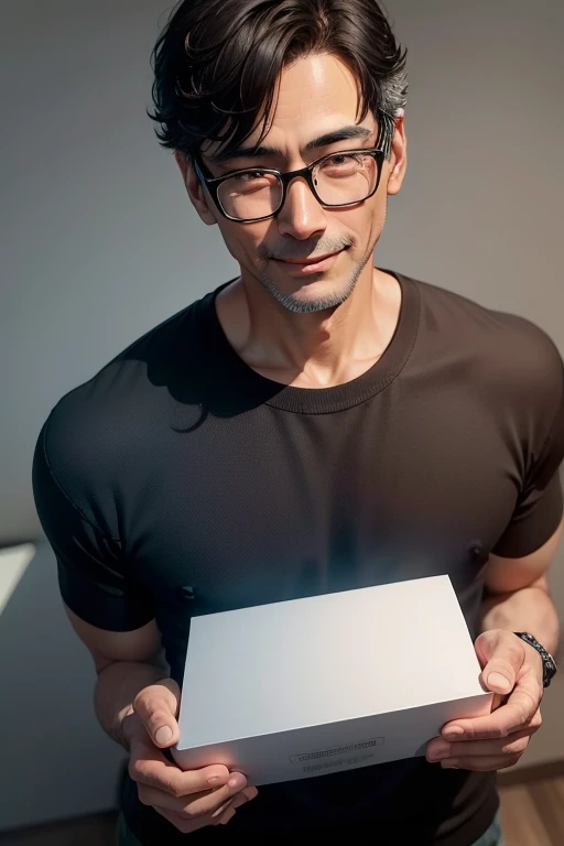 Portrait、adult male, 45 years old, dark brown eyes, with glasses, thin, no muscles, black hair, Black pt-neck sweater, smile、laugh loudly、looking at viewer,realistic pictures、（（Very bright white background））、short hair、two block
