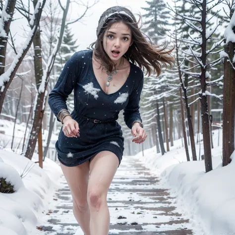 Masterpiece, Best Quality, Russian gorgeous woman 64 years old running through the forest through snowdrifts, bare footed, Blondish, Medium-length hair without styling, Snow on wet hair, torn, Dirty, Bloodstained Short Long Sleeve Dress, Bracelet on the le...