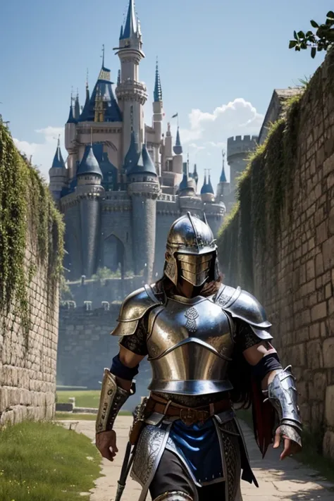 Warrior with silver armor entering a castle