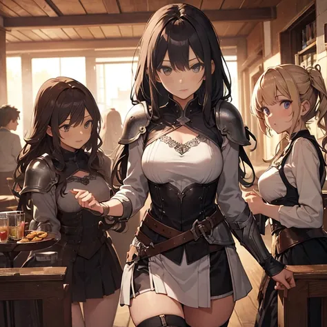 A group of  female medieval fantasy adventurers, (in tavern), various hair styles, harem, night, details face, short skirt, seducing, sleeveless, armor 