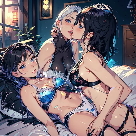 anime girl in lingerie laying on a bed with a window, artwork in the style of Gweiz, Gweiz on artstation pixiv, anime girl, Gweiz on pixiv artstation, in the style of Ross Tran, Ross Tran著, Fun and fuss, Gweiz, Ross Tran style, Ross Tran. scenic background