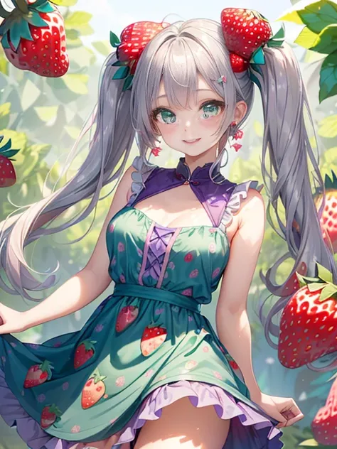 小さなgirl、The arrival of spring、big ass、 (alone:1.5,)Super detailed,bright colors, very beautiful detailed anime face and eyes, look straight, ;d, shiny_skin,girl, ((long silver hair,The inner color is red 、forehead is exposed.、green eyes、、shiny hair, delica...