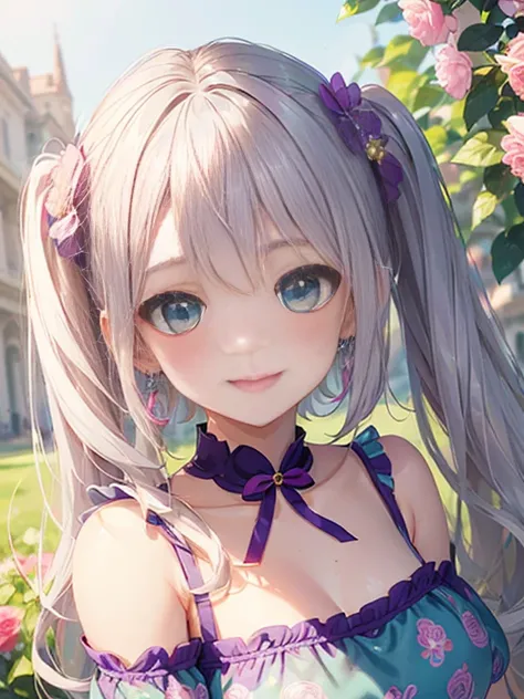 小さなgirl、The arrival of spring、big ass、 (alone:1.5,)Super detailed,bright colors, very beautiful detailed anime face and eyes, look straight, ;d, shiny_skin,girl, ((long silver hair,The inner color is red 、forehead is exposed.、green eyes、、shiny hair, delica...