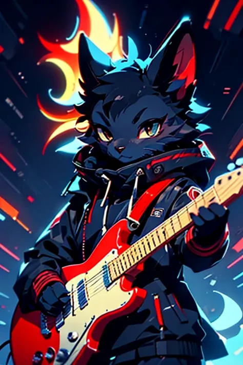 A furry goat, black skin, male furry, play in one studio a eletronic Metal Guitar, emotion dynamic poses, transmitting the full sensation of the momente